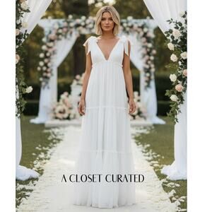 Mac Duggal Ruffle Tiered Maxi Dress 4 White NWT Style 55411